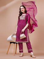 Embroidered & Quirky Printed Kurta With Pant & Dupatta, Multicolor - Hiral Fashion | Grocsy