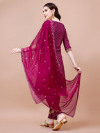 Embroidered & Quirky Printed Kurta With Pant & Dupatta, Multicolor - Hiral Fashion | Grocsy