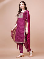 Embroidered & Quirky Printed Kurta With Pant & Dupatta, Multicolor - Hiral Fashion | Grocsy