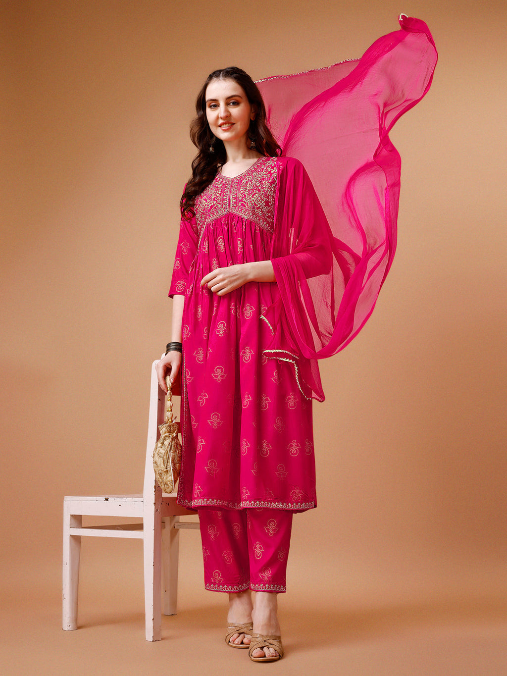 Alia Cut Embroidered & Printed Kurta With Pant & Dupatta, Multicolor - Hiral Fashion | Grocsy