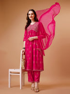 Alia Cut Embroidered & Printed Kurta With Pant & Dupatta, Multicolor - Hiral Fashion | Grocsy