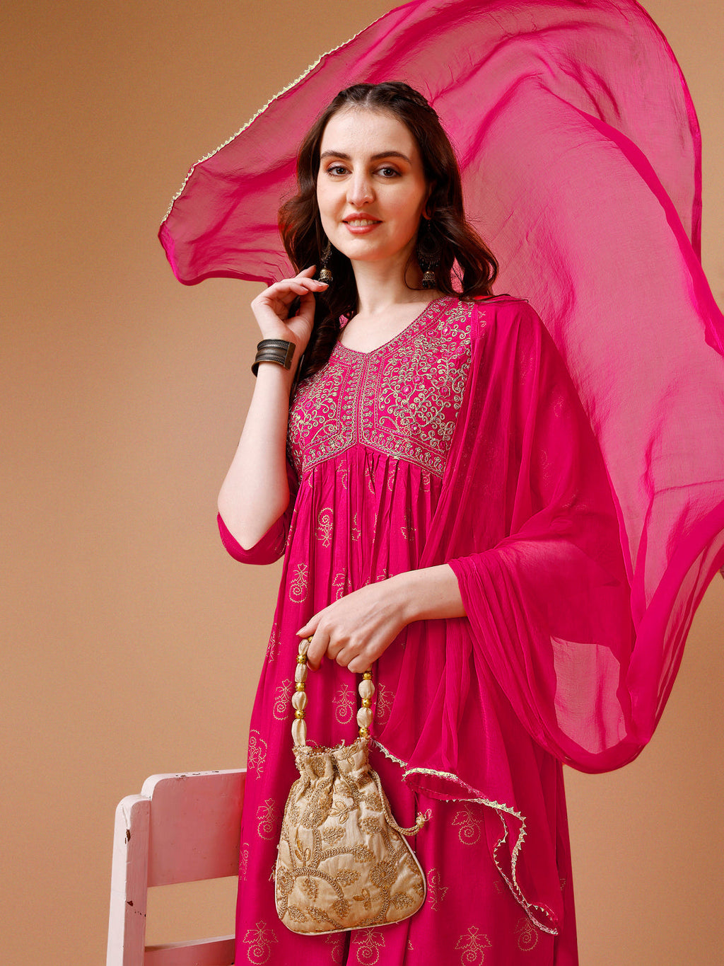 Alia Cut Embroidered & Printed Kurta With Pant & Dupatta, Multicolor - Hiral Fashion | Grocsy