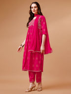 Alia Cut Embroidered & Printed Kurta With Pant & Dupatta, Multicolor - Hiral Fashion | Grocsy
