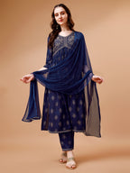 Alia Cut Embroidered & Printed Kurta With Pant & Dupatta, Multicolor - Hiral Fashion | Grocsy