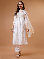 Alia Cut Embroidered & Printed Kurta With Pant & Dupatta, Multicolor - Hiral Fashion | Grocsy