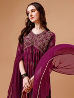 Alia Cut Embroidered & Printed Kurta With Pant & Dupatta, Multicolor - Hiral Fashion | Grocsy