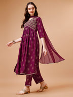 Alia Cut Embroidered & Printed Kurta With Pant & Dupatta, Multicolor - Hiral Fashion | Grocsy