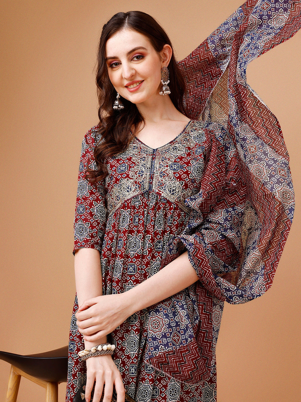 Alia Cut Embroidered & Printed Kurta With Pant & Dupatta, Multicolor - Hiral Fashion | Grocsy