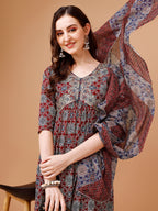 Alia Cut Embroidered & Printed Kurta With Pant & Dupatta, Multicolor - Hiral Fashion | Grocsy