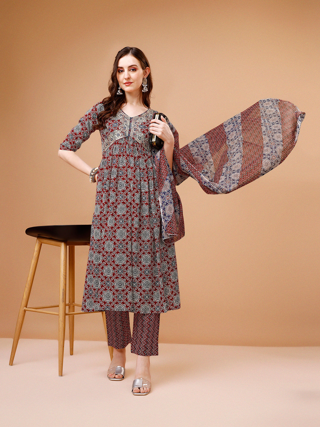 Alia Cut Embroidered & Printed Kurta With Pant & Dupatta, Multicolor - Hiral Fashion | Grocsy