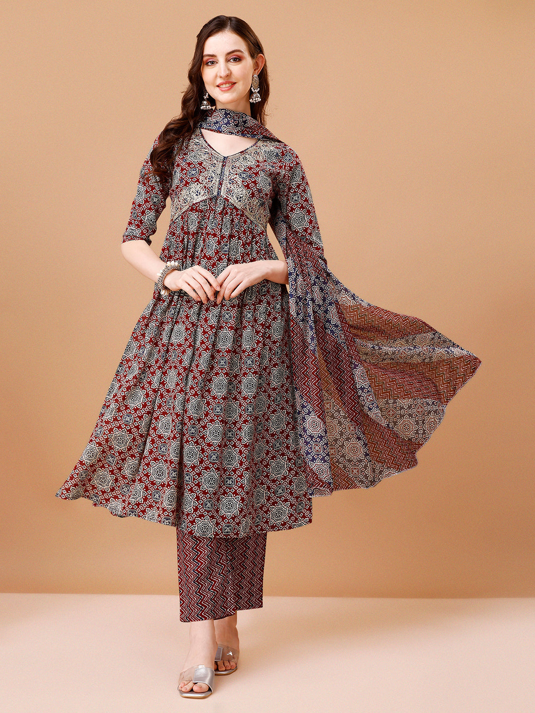 Alia Cut Embroidered & Printed Kurta With Pant & Dupatta, Multicolor - Hiral Fashion | Grocsy