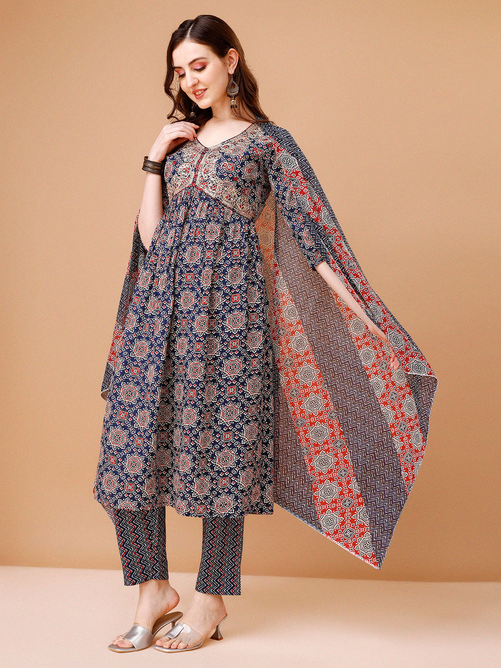 Alia Cut Embroidered & Printed Kurta With Pant & Dupatta, Multicolor - Hiral Fashion | Grocsy