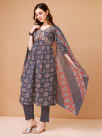 Alia Cut Embroidered & Printed Kurta With Pant & Dupatta, Multicolor - Hiral Fashion | Grocsy