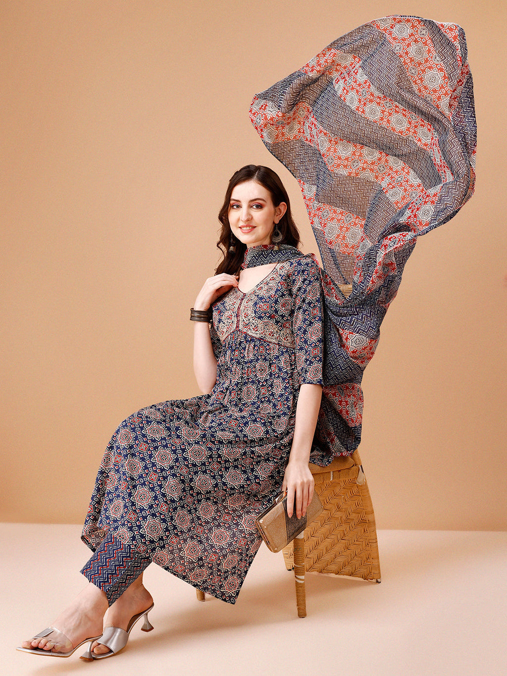 Alia Cut Embroidered & Printed Kurta With Pant & Dupatta, Multicolor - Hiral Fashion | Grocsy