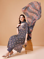 Alia Cut Embroidered & Printed Kurta With Pant & Dupatta, Multicolor - Hiral Fashion | Grocsy