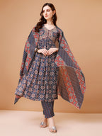Alia Cut Embroidered & Printed Kurta With Pant & Dupatta, Multicolor - Hiral Fashion | Grocsy