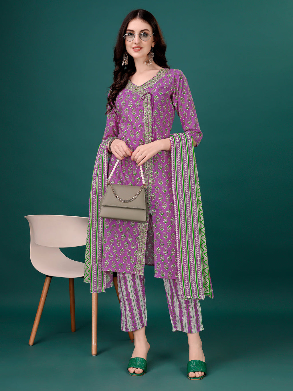 Embroidered & Printed Angrakha Style Kurta With Printed Pant & Dupatta, Multicolor - Hiral Fashion | Grocsy