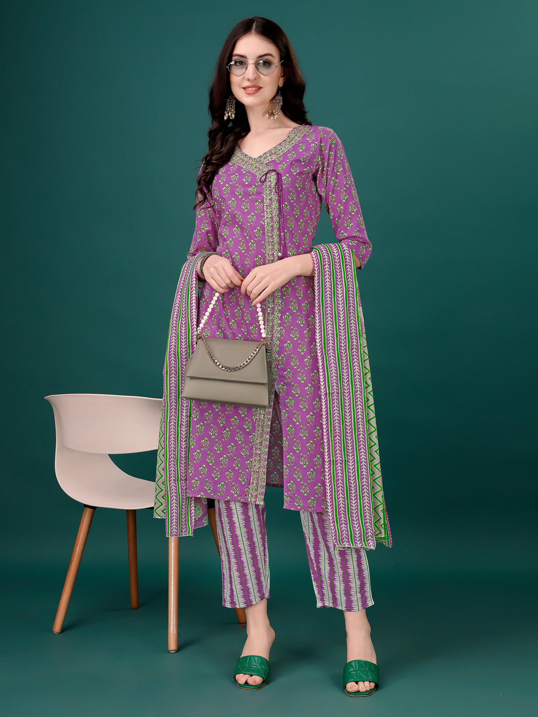 Embroidered & Printed Angrakha Style Kurta With Printed Pant & Dupatta, Multicolor - Hiral Fashion | Grocsy