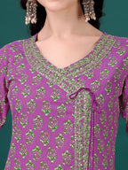 Embroidered & Printed Angrakha Style Kurta With Printed Pant & Dupatta, Multicolor - Hiral Fashion | Grocsy