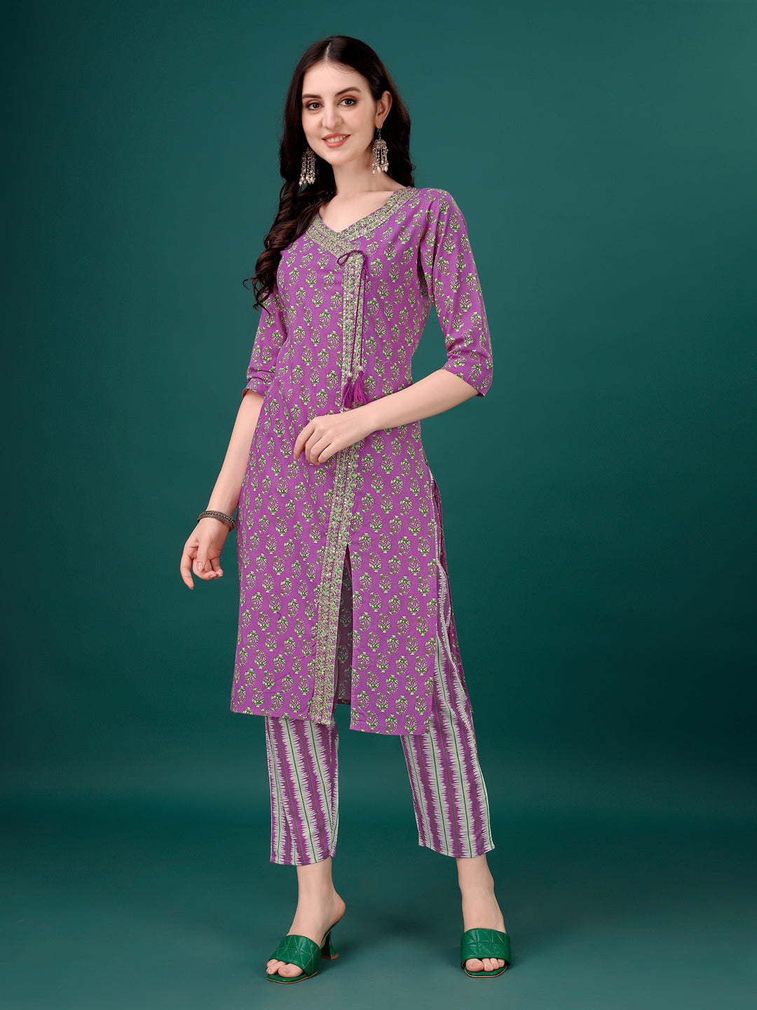 Embroidered & Printed Angrakha Style Kurta With Printed Pant & Dupatta, Multicolor - Hiral Fashion | Grocsy