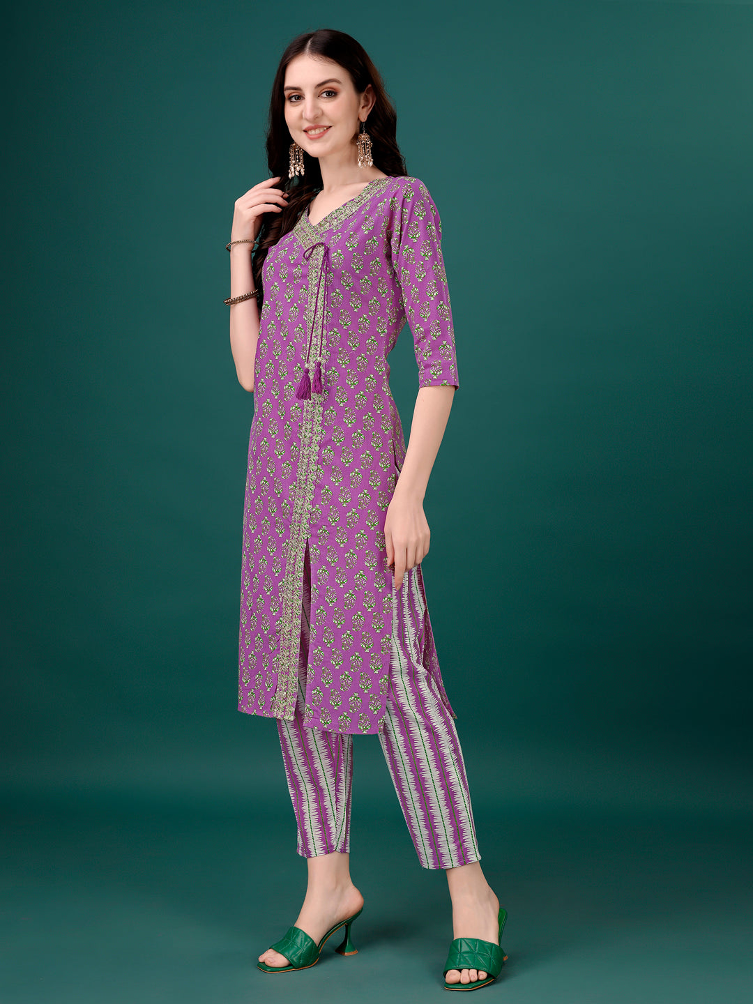 Embroidered & Printed Angrakha Style Kurta With Printed Pant & Dupatta, Multicolor - Hiral Fashion | Grocsy