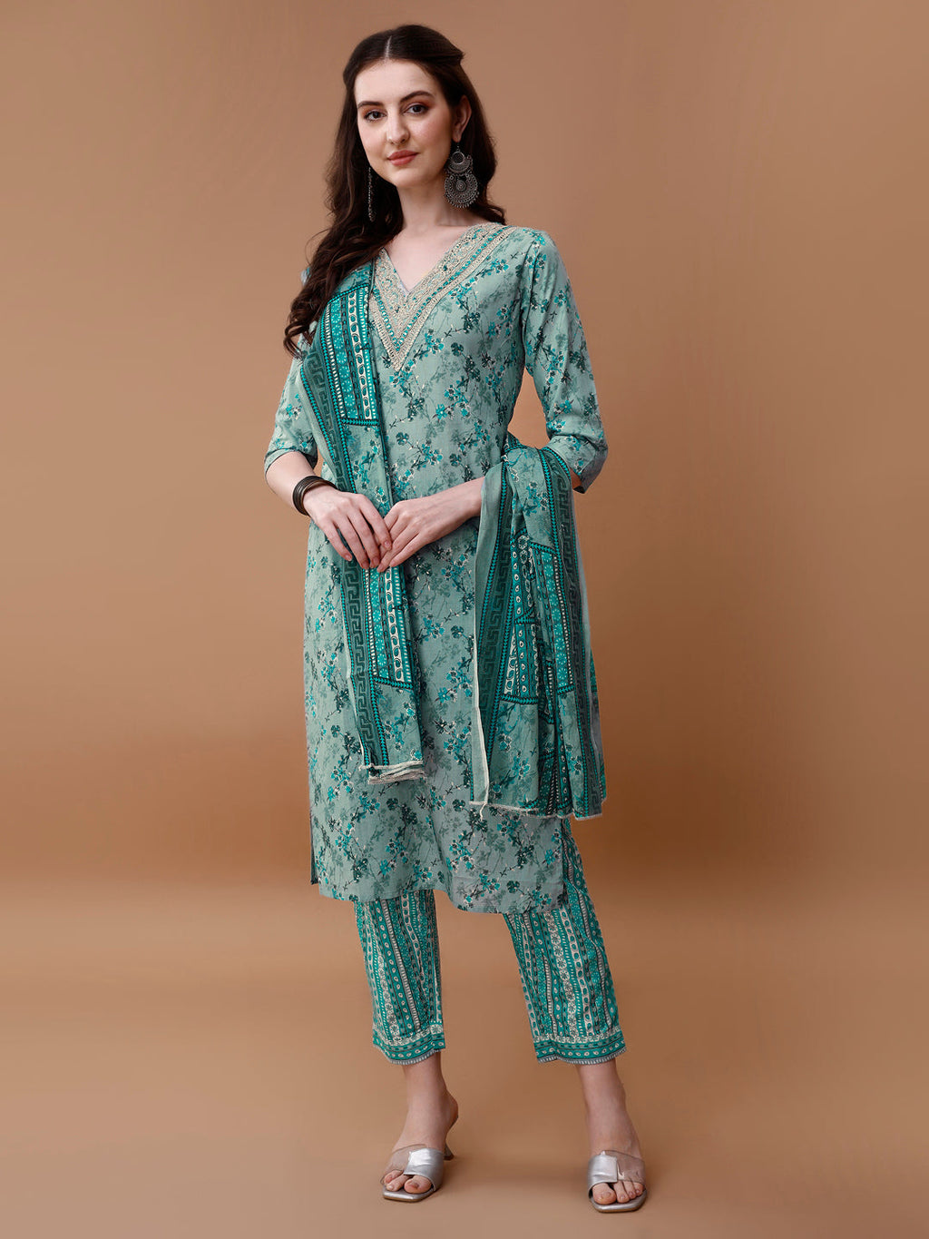 Embroidered And Floral Printed Kurta With Pant & Dupatta, Multicolor - Hiral Fashion | Grocsy