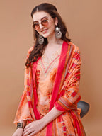 Embroidered And Floral Printed Kurta With Pant & Dupatta, Multicolor - Hiral Fashion | Grocsy