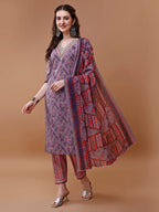 Embroidered And Floral Printed Kurta With Pant & Dupatta, Multicolor - Hiral Fashion | Grocsy