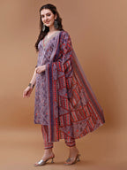 Embroidered And Floral Printed Kurta With Pant & Dupatta, Multicolor - Hiral Fashion | Grocsy