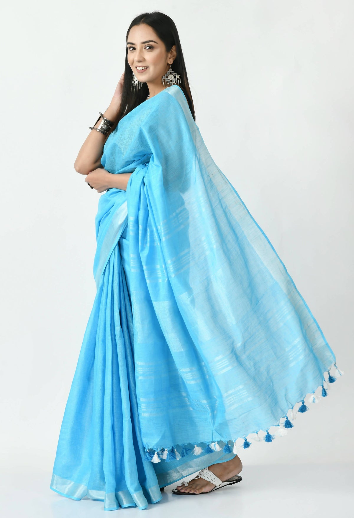 Mominos Fashion Moeza Sky Blue Bhagalpuri Handloom Silk Linen Saree with unstitched Blouse piece | Grocsy