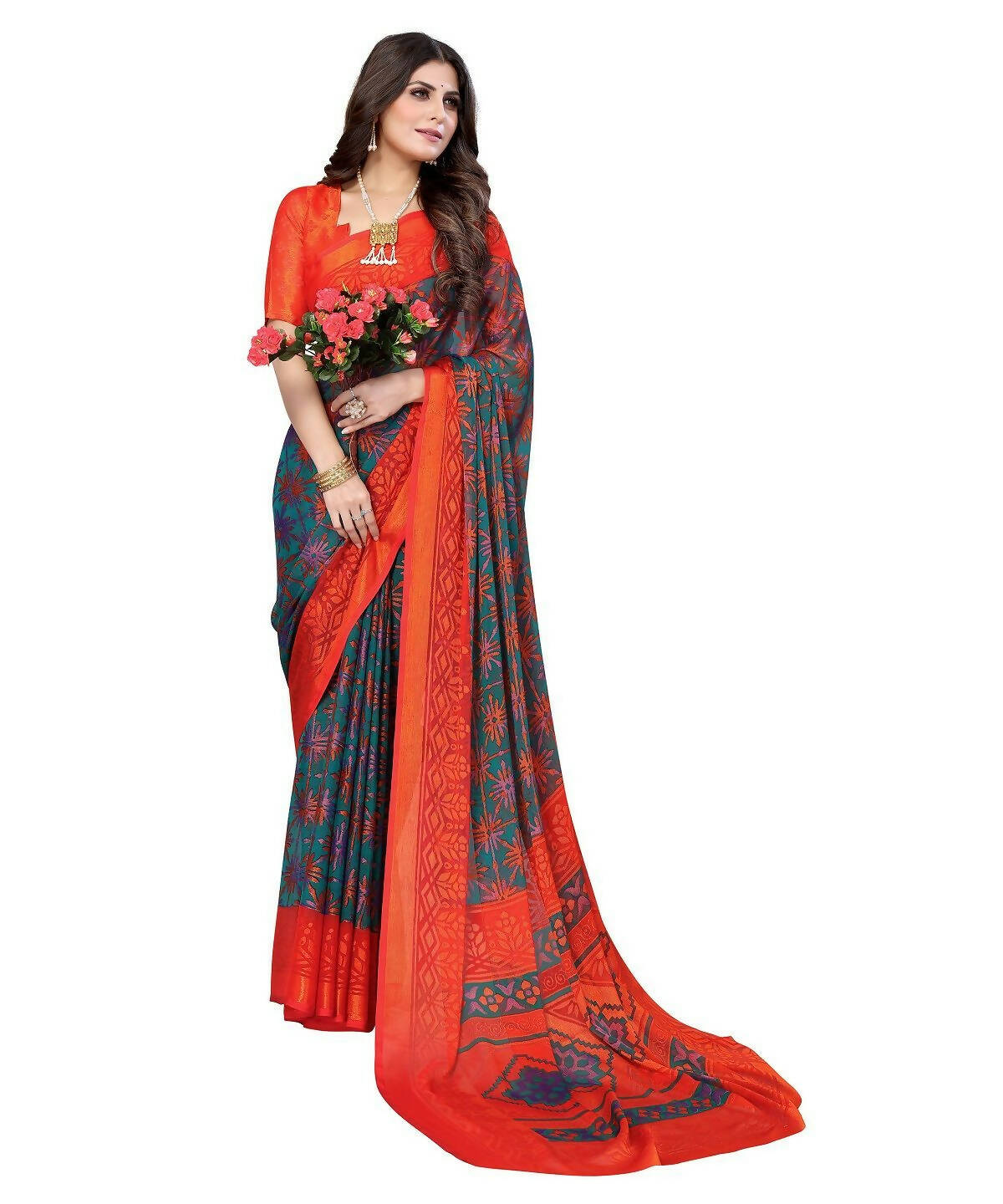 Vamika Rama Green Chiffon Brasso Bollywood Style Woven Saree (DEVINA RAMA) | Grocsy