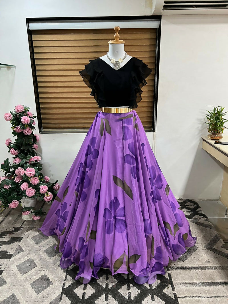 Dishitha Creation Floral Printed Stitched Lehenga & Crop Top - Black & Pink | Grocsy