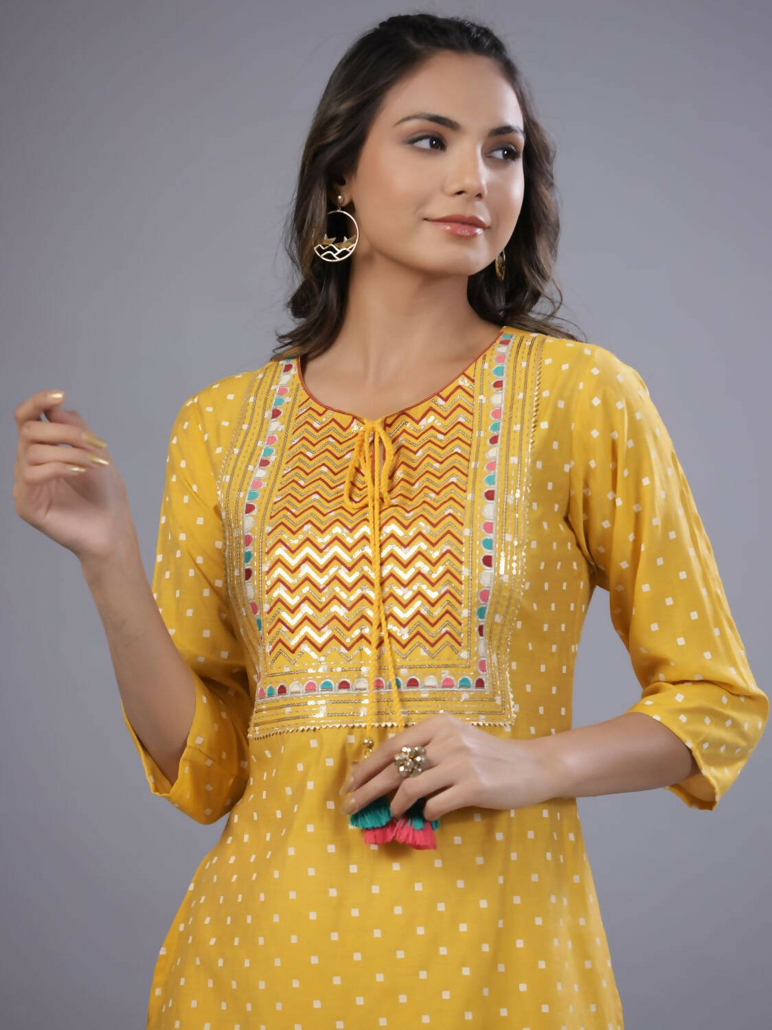 Juniper Women Yellow Muslin Printed High-Low Straight Tunic With Embroidered Yoke | Grocsy