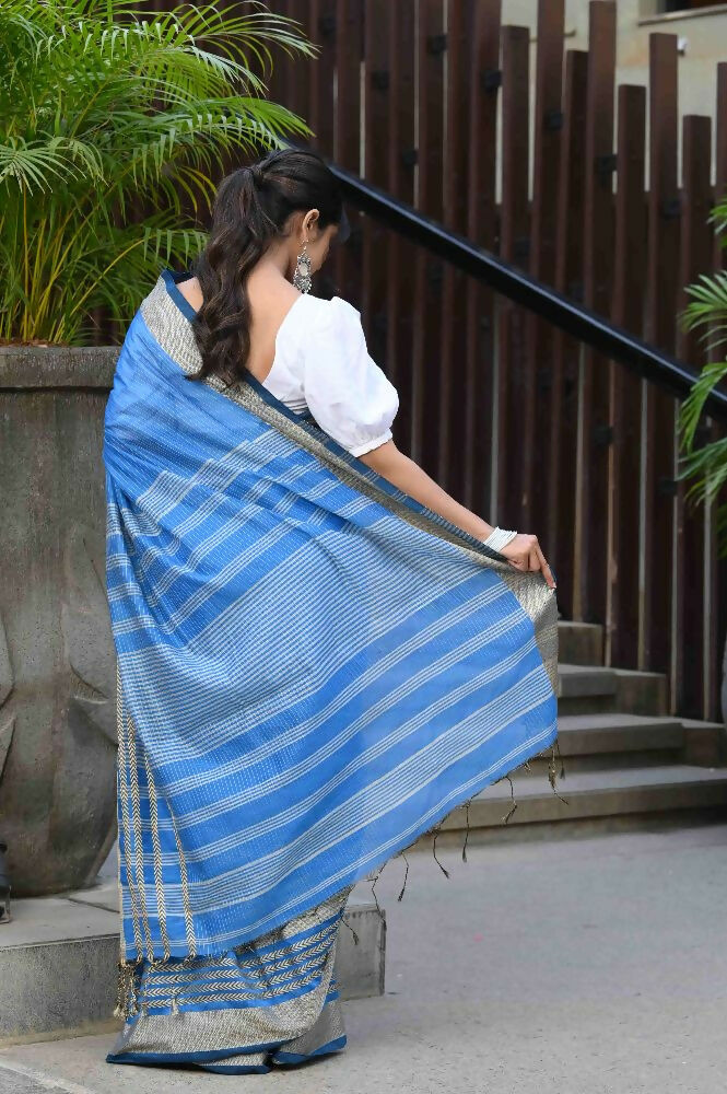 Beatitude Blue Cotton Handloom Saree | Grocsy