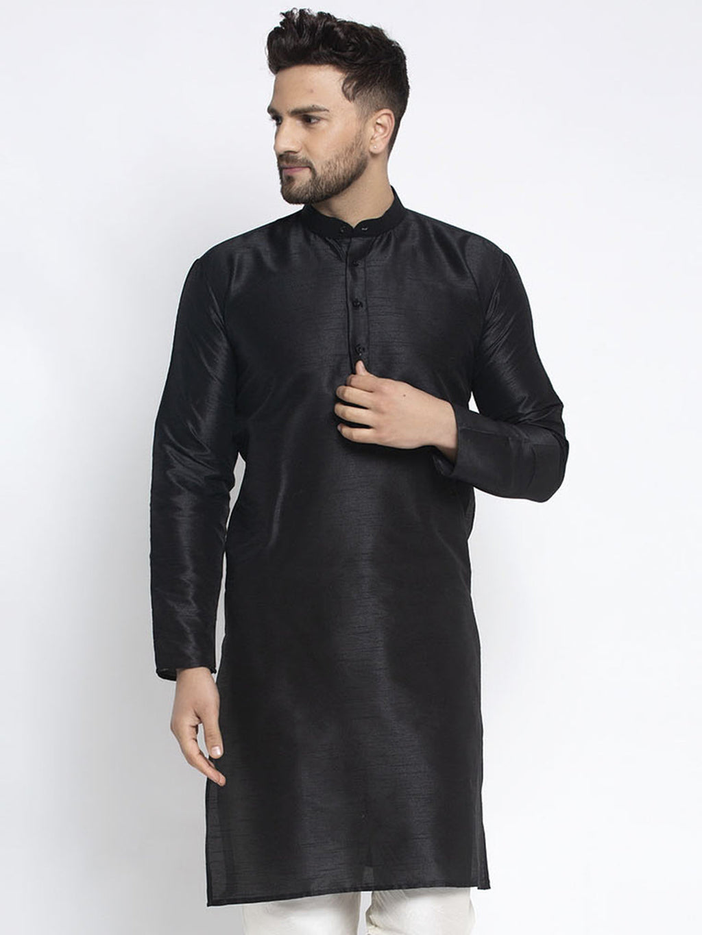 Jompers Men's Black Solid Dupion Silk Kurta Only | Grocsy
