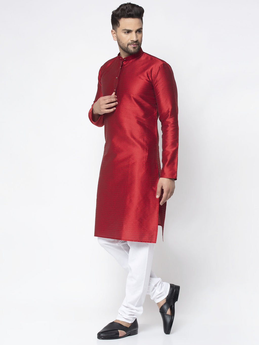 Jompers Men Maroon And White Woven Design Kurta Only | Grocsy