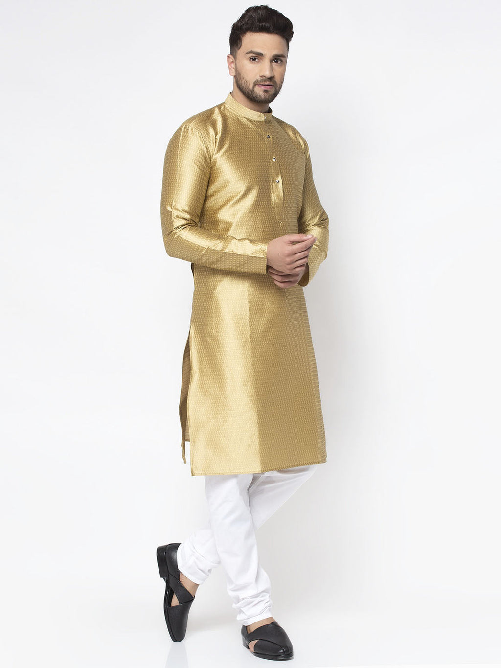 Jompers Men Mustard and Gold Design Kurta Only | Grocsy