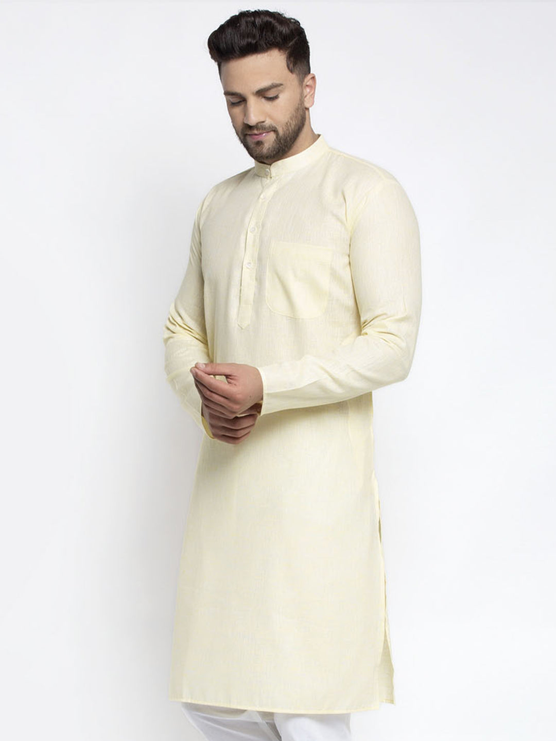 Jompers Men Lemon Yellow & White Self Design Kurta Only | Grocsy
