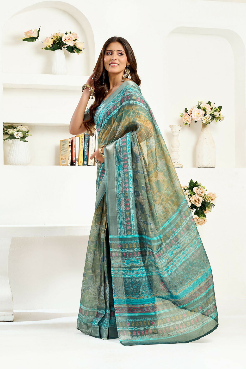Joban Fashion Petrol Ethinic Motifs Linen Ready To Wear Saree With Unstitched Blouse | Grocsy