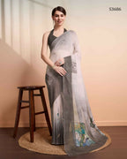 Grey Georgette Designer Printed Party Wear Saree - Cinderella | Grocsy