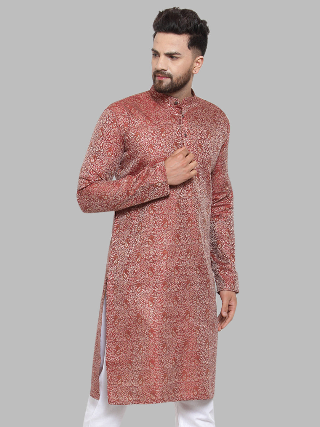 Jompers Men Maroon & White Woven Design Kurta Only | Grocsy