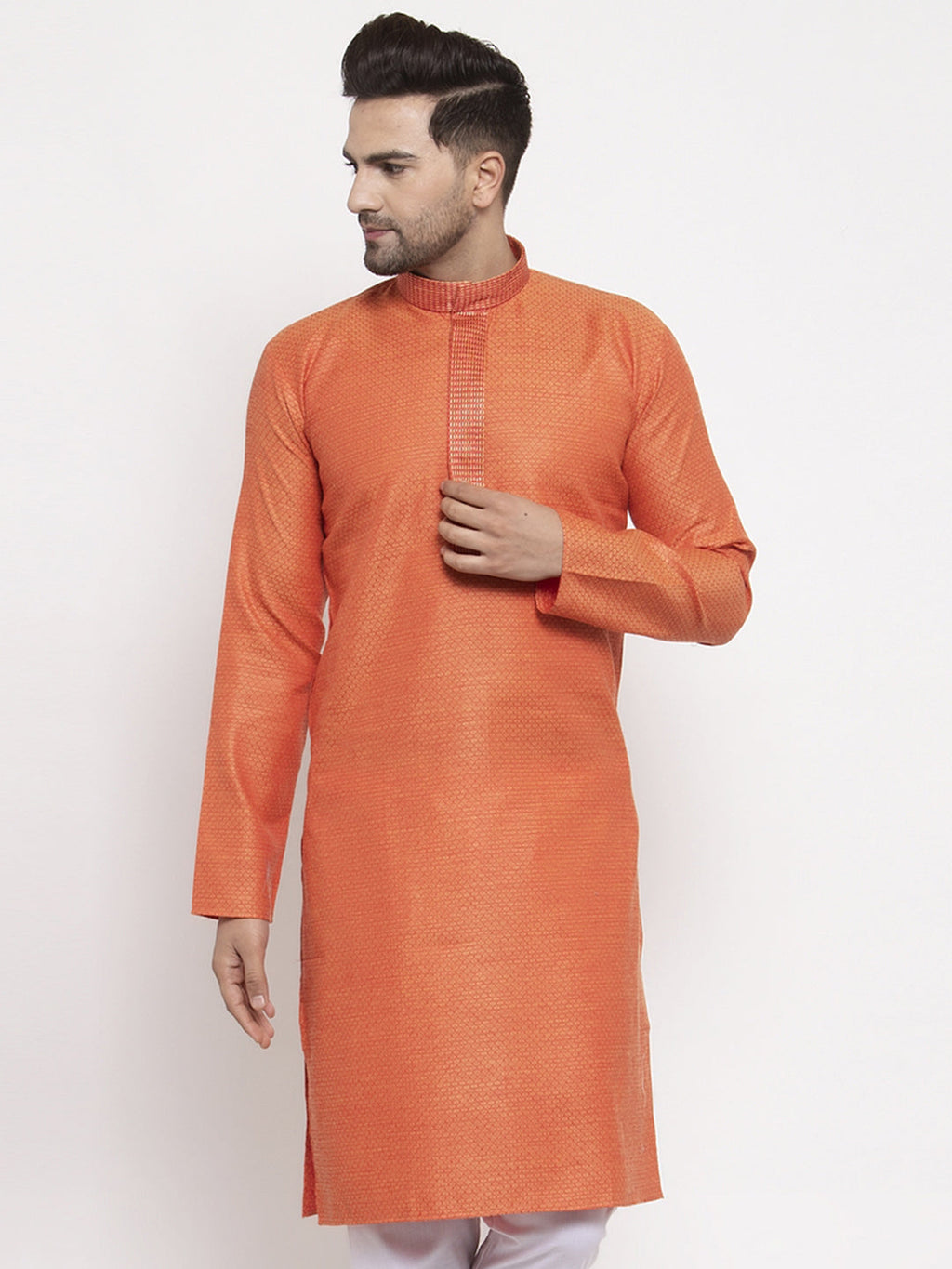 Jompers Men Orange Embroidered Kurta Only | Grocsy