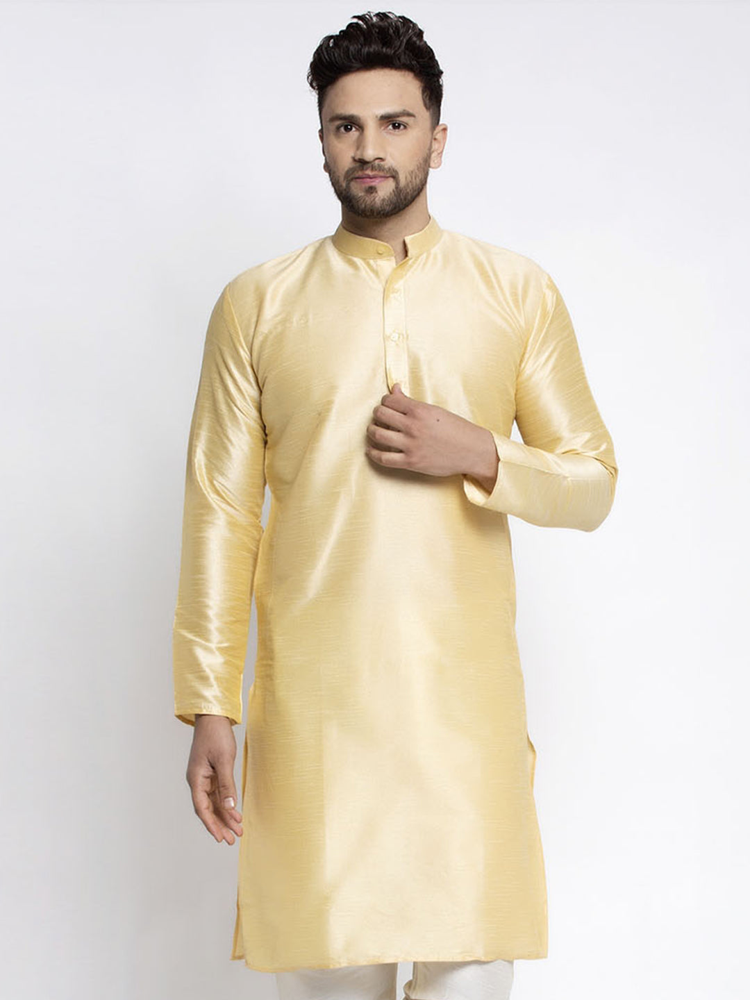 Jompers Men's Golden Solid Dupion Silk Kurta Only | Grocsy