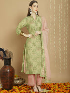 Jyoti Fashion Women's Green Chanderi Silk Elegant Jardoshi Semi Kurta with Trouser & Dupatta | Grocsy