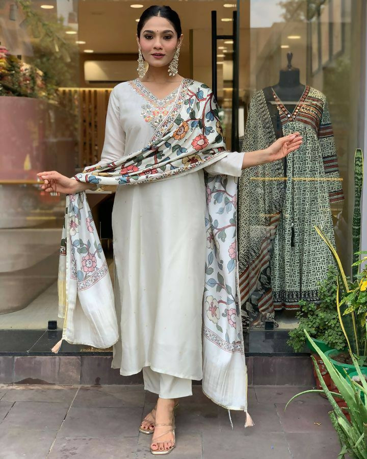 The52 Off White Women's Gorgeous Embroidered Viscose Chanderi Fabric Straight Kurta Pant with Dupatta Set | Grocsy
