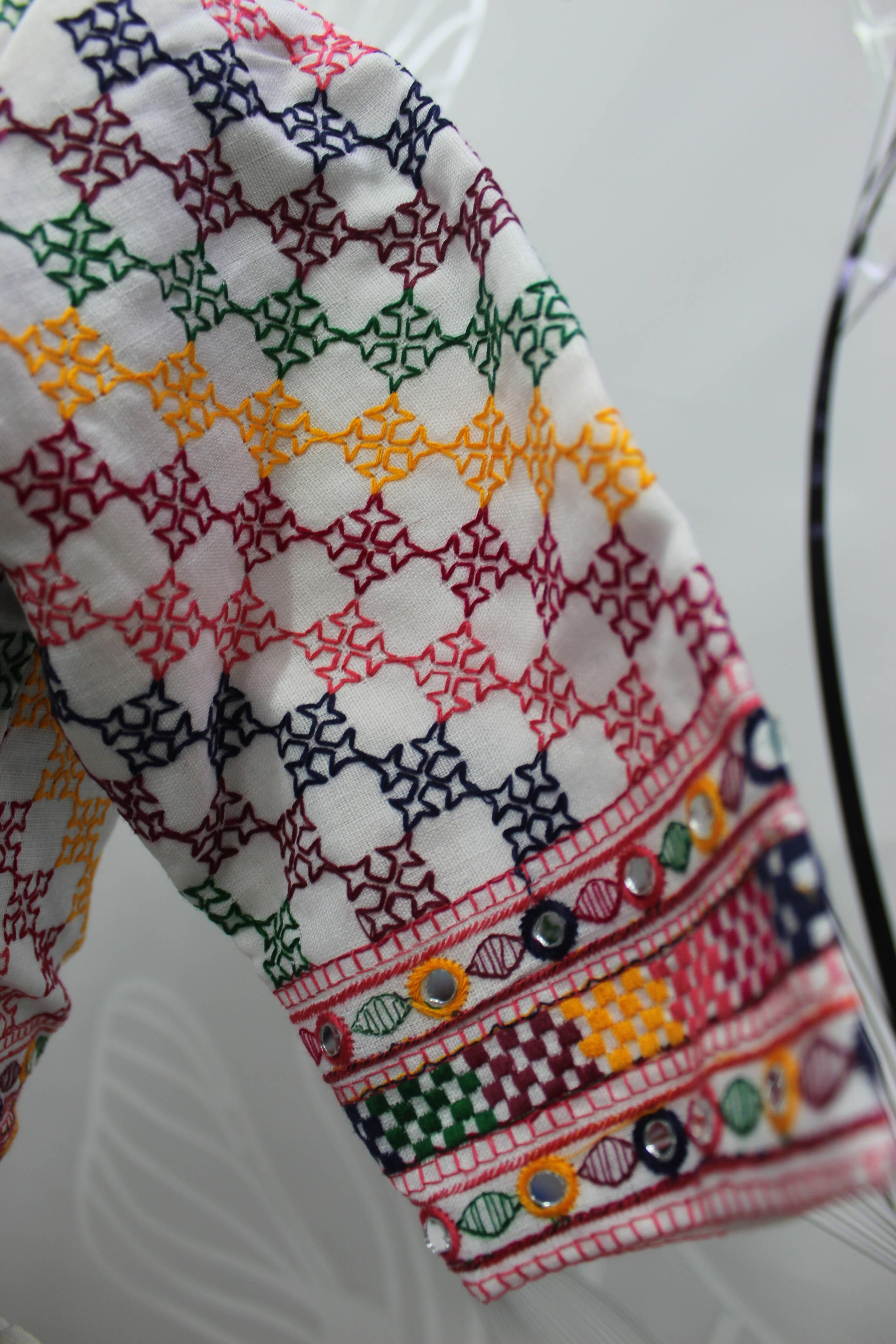 White Jacqard Cotton Thread Embroidered Navratri Lehenga Choli with Dupatta - Raas | Grocsy