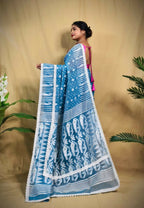 Exclusive Collection Beautiful Light Blue Jaal Jamdani Saree | Grocsy