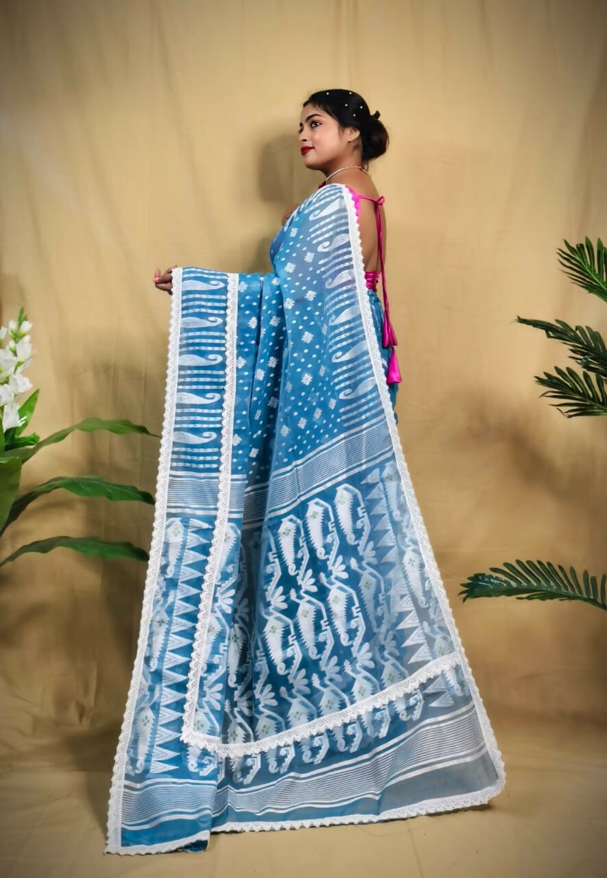 Exclusive Collection Beautiful Light Blue Jaal Jamdani Saree | Grocsy