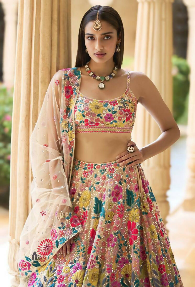 Jyoti Fashion Multicolor Thread & 5mm Sequence Embroidery Georgette Lehenga Choli with Dupatta | Grocsy