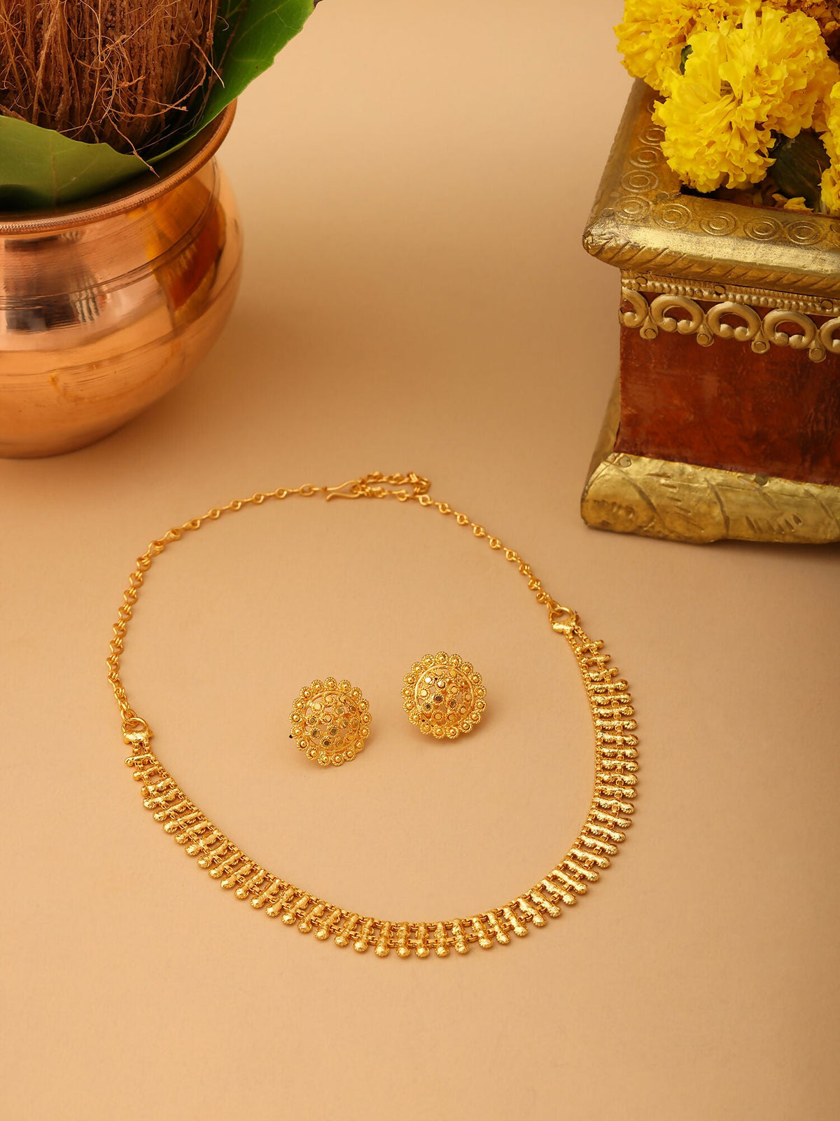 Ruby Raang Golden Necklace with Studs | Grocsy